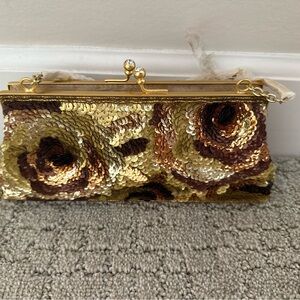 Carolee Gold and Brown Floral Sequin Clutch